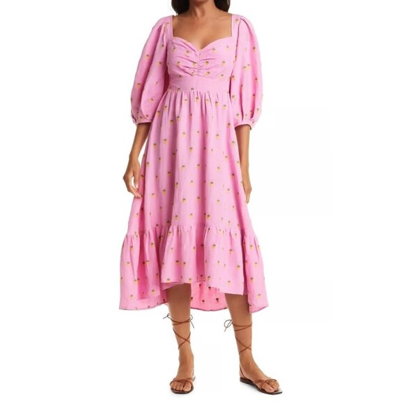FARM Rio Pink Embroidered Pineapples Puff Sleeve Midi Dress - Picture 3 of 11
